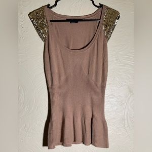 BCBGMAXAZRIA Silk Cashmere Sequin Cap Sleeve Faux Peplum Knit Sweater M Ecru Tan